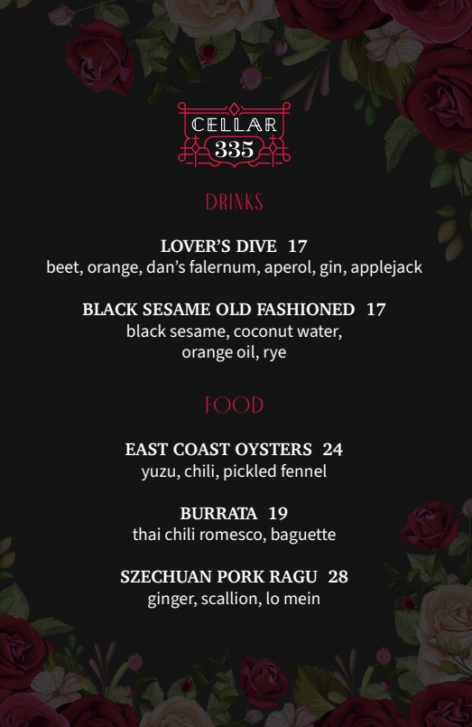 Cellar 335 Valentines Day Menu 2025